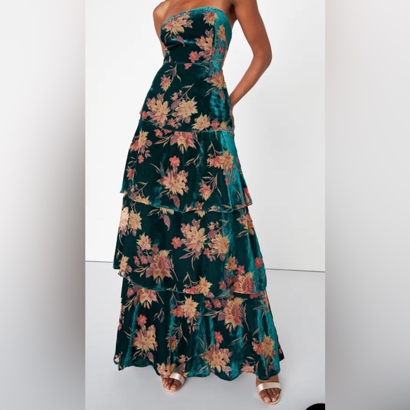Lulus Real Allure Emerald Floral Burnout Velvet Strapless Maxi Dress - Picture 4 of 5